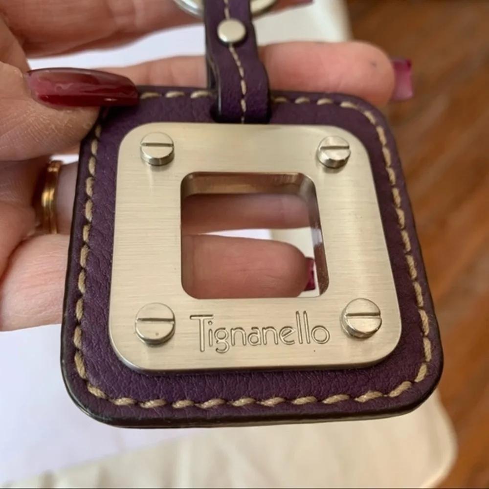 Tignanello leather square gold tone heavy quality key chain purse charm